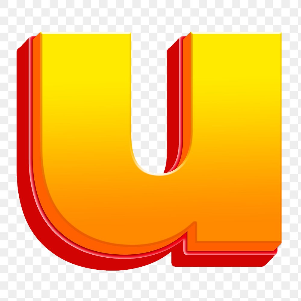 Letter u png 3D yellow layer font, transparent background