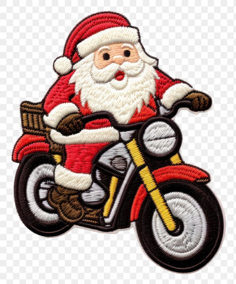 PNG Felt stickers of a single santa motorcycle transportation vehicle.