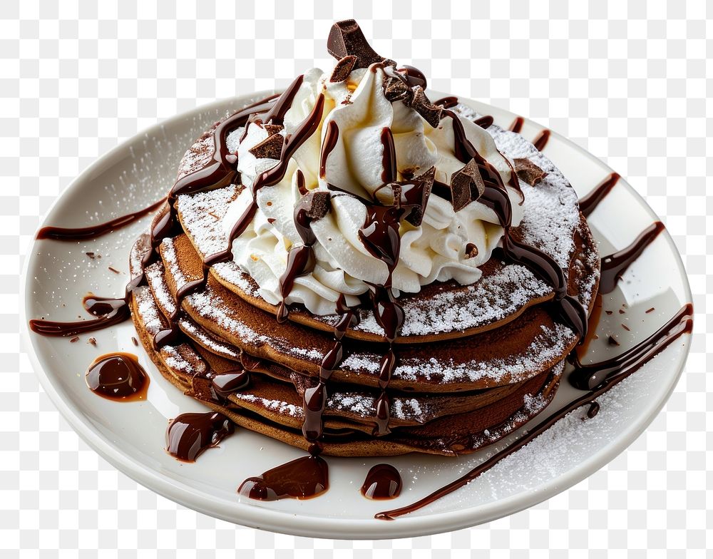 PNG Whipped cream on chocolate pancake plate confectionery dessert.
