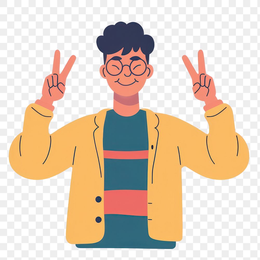 PNG Person making a peace sign flat illustration clothing apparel cartoon.