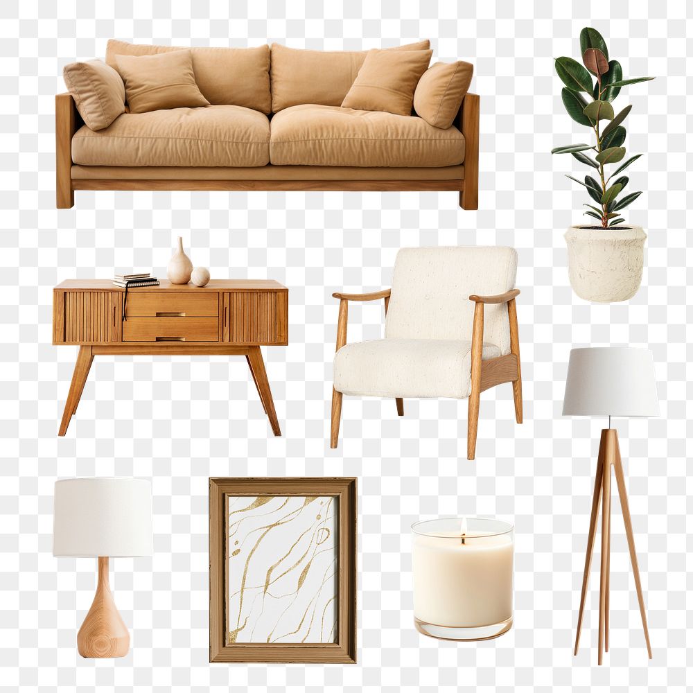 PNG minimal wooden furniture home decoration element set, transparent background