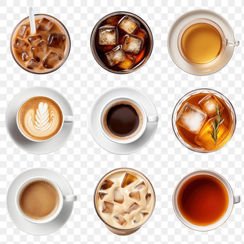 PNG coffee and tea aerial view element set, transparent background