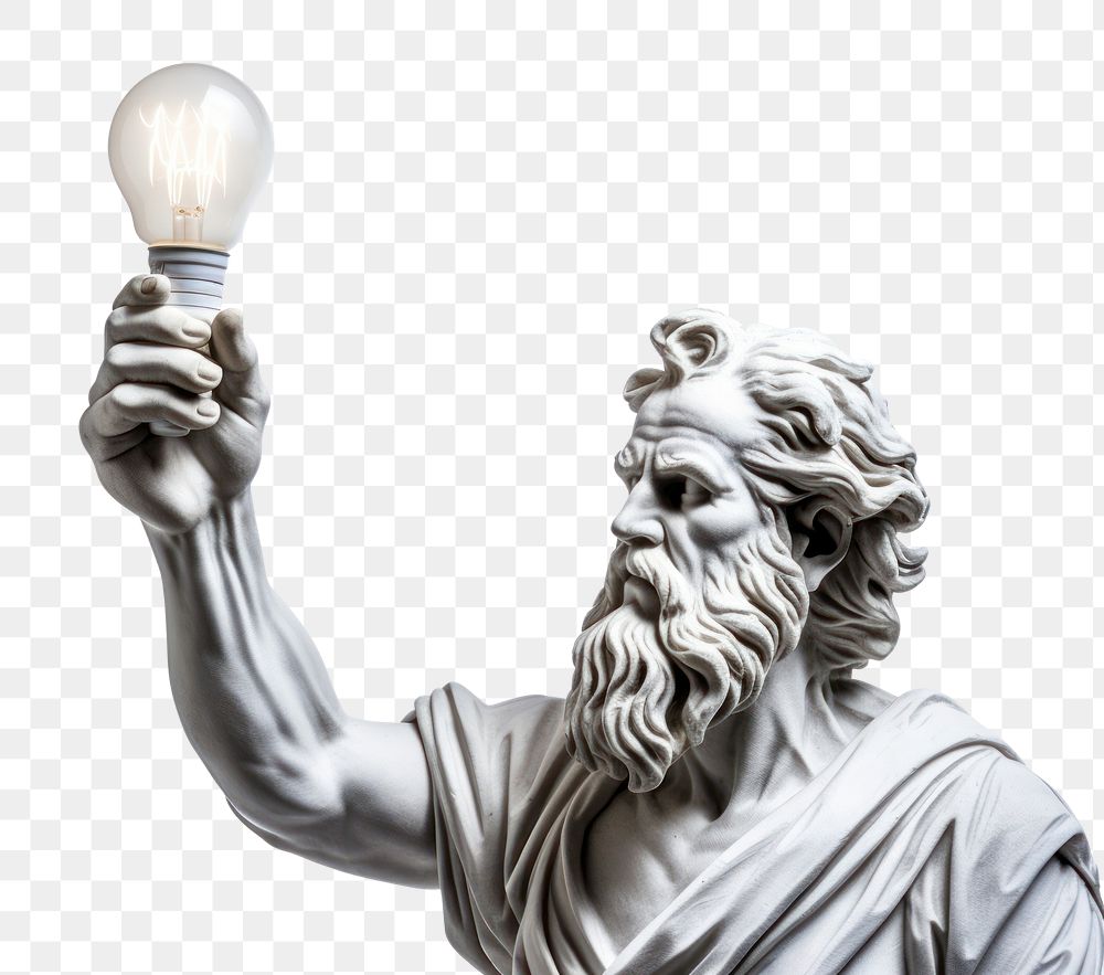 PNG Greek sculpture jesus hand holding light bulb lightbulb female person.