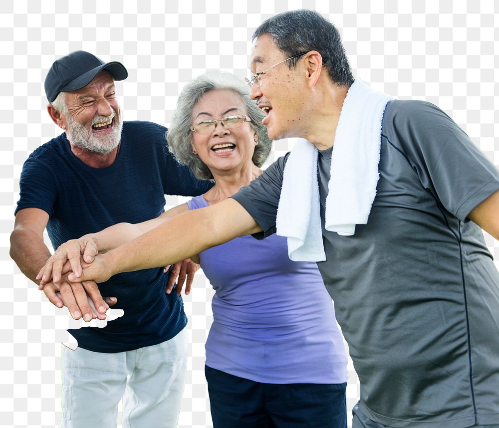 PNG diverse seniors stacking hands together, transparent background