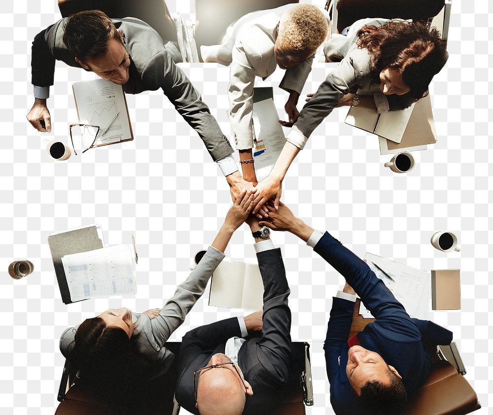 PNG diverse business people stacking hands together, transparent background