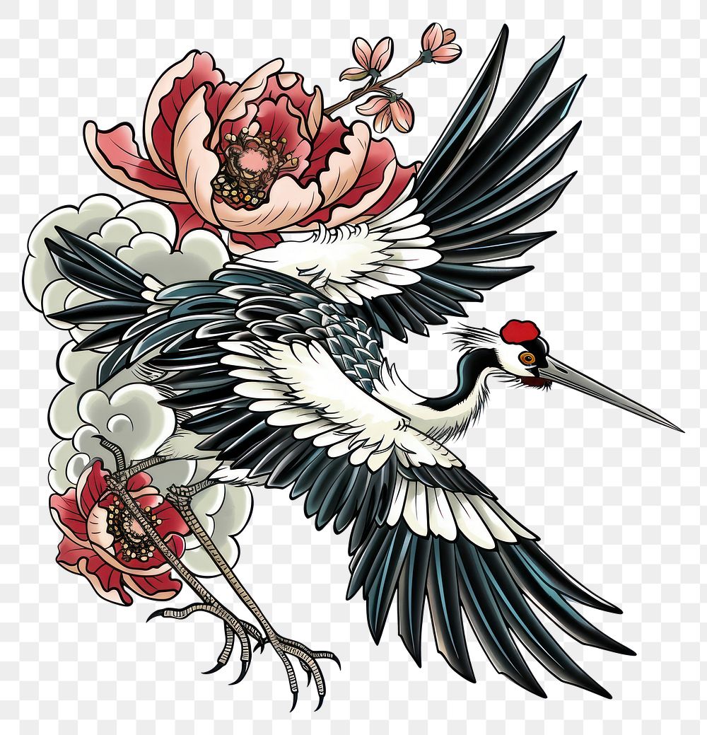 PNG Tattoo illustration of a japanese crane waterfowl animal bird.