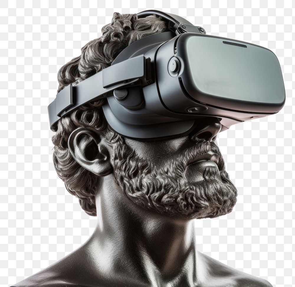 PNG Close-up Greek sculpture wearing VR headset photography accessories electronics.