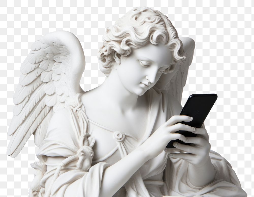 PNG Cupid Greek sculpture holding phone electronics archangel female.