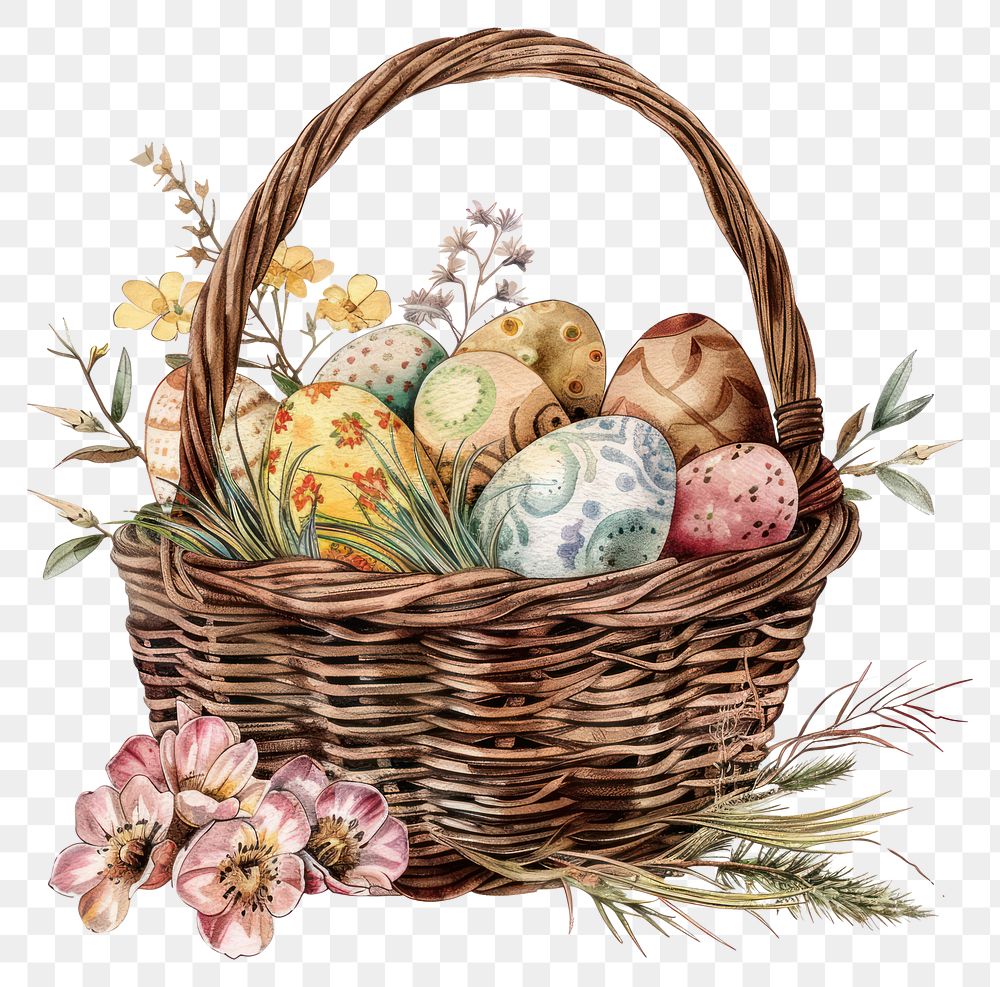 PNG Illustration easter eggs watercolor basket plant food.