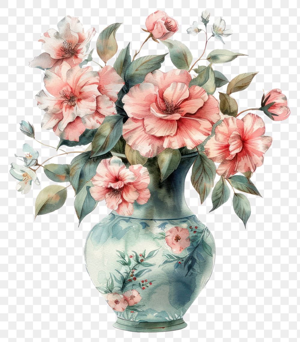 PNG Illustration vase flowers watercolor art porcelain painting.