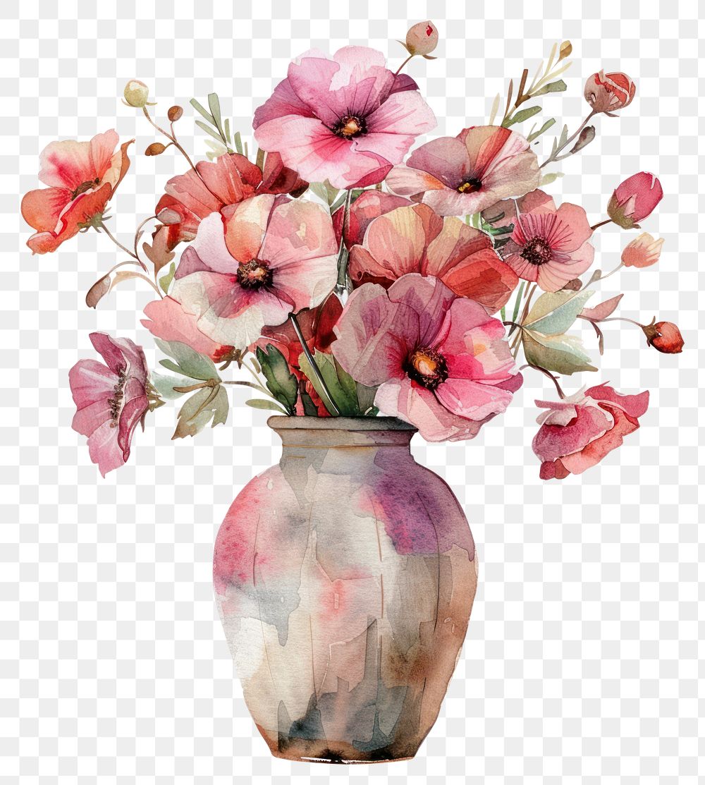 PNG Illustration vase flowers watercolor art pottery blossom.