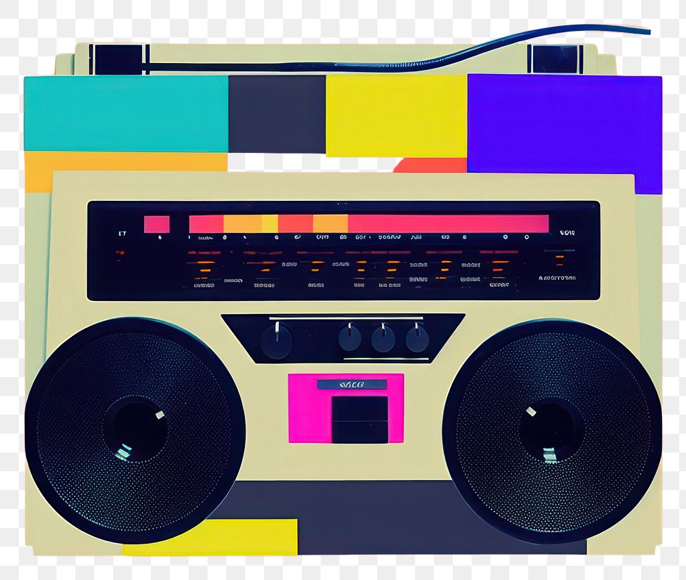 PNG Retro collage of music electronics speaker cassette player.