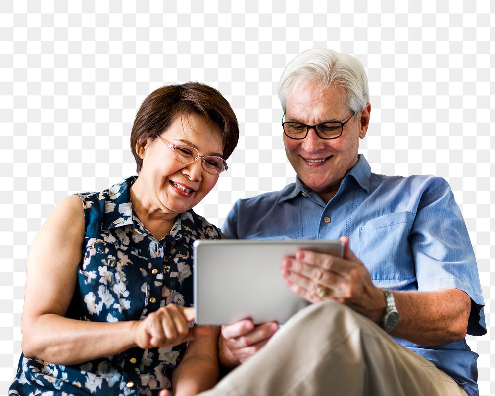 Senior couple png using tablet, transparent background