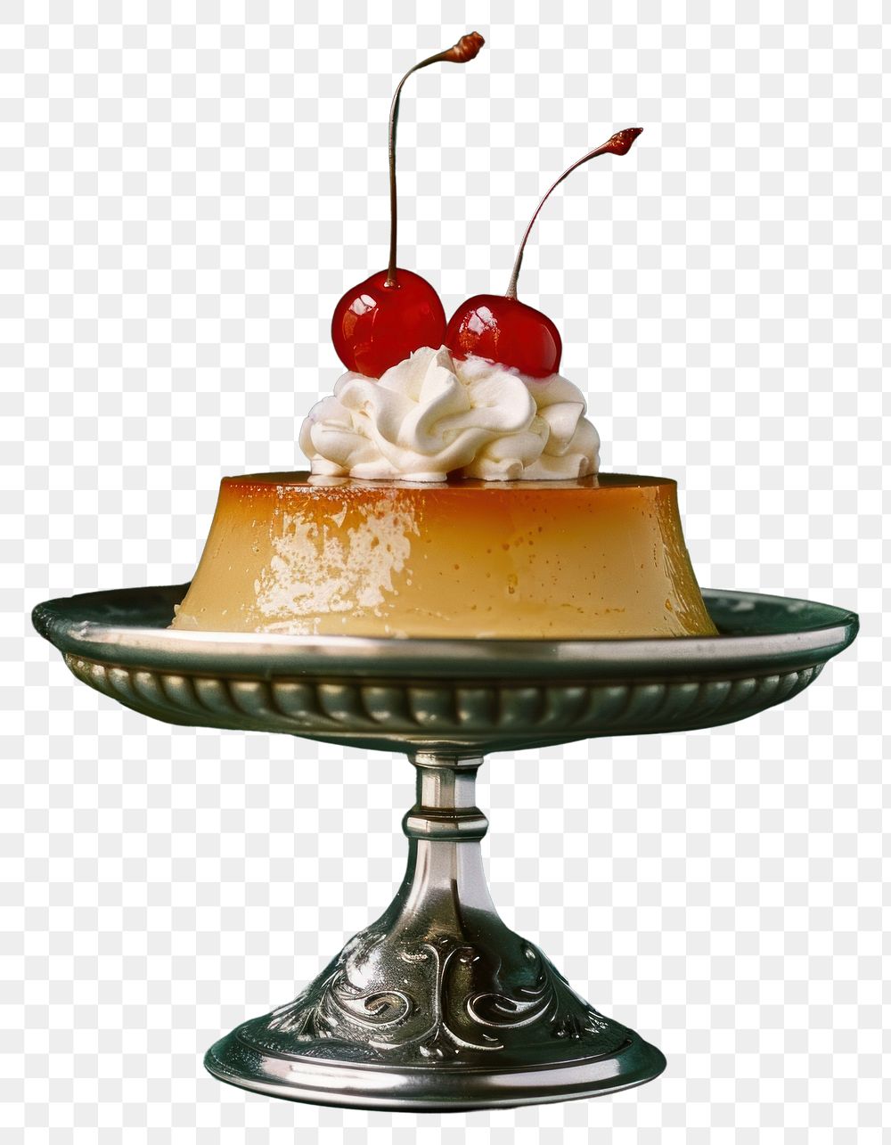 PNG An old-fashioned flan with whipped cream and a cherry on top food cheesecake dessert.