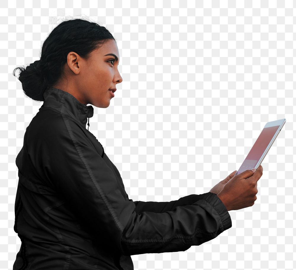 PNG woman using tablet, transparent background