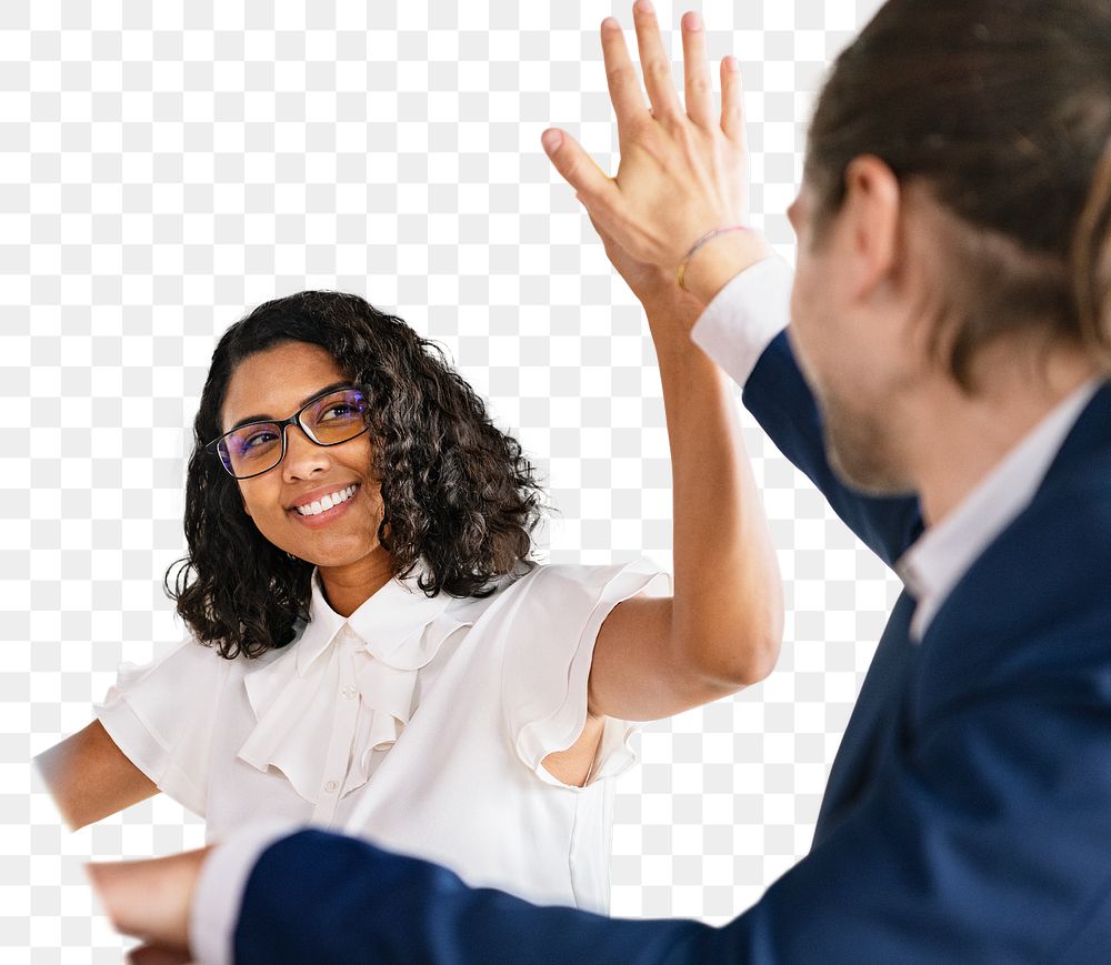 PNG diverse business people giving a high five, transparent background