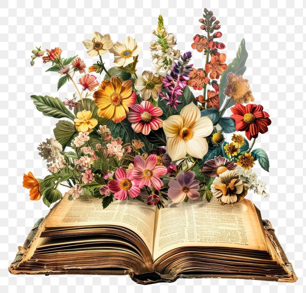 PNG Vintage book with blooming flowers