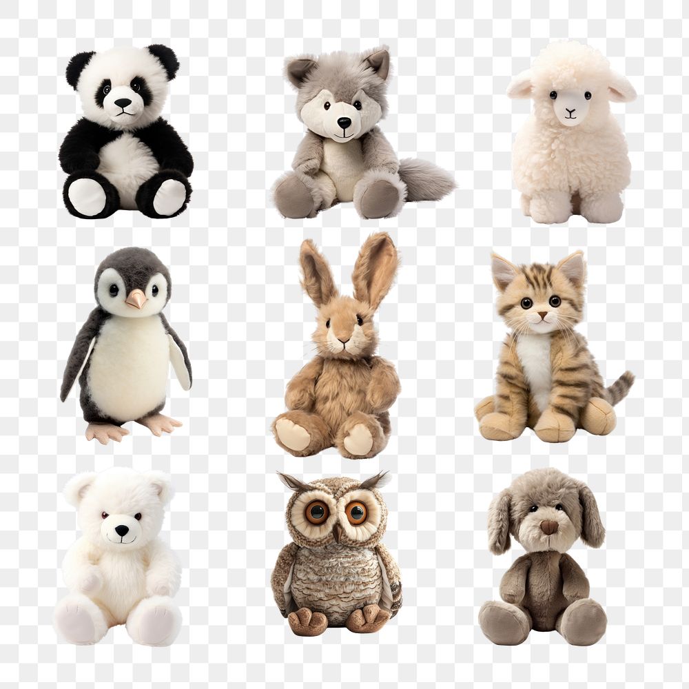 Animal plush doll png element set, transparent background