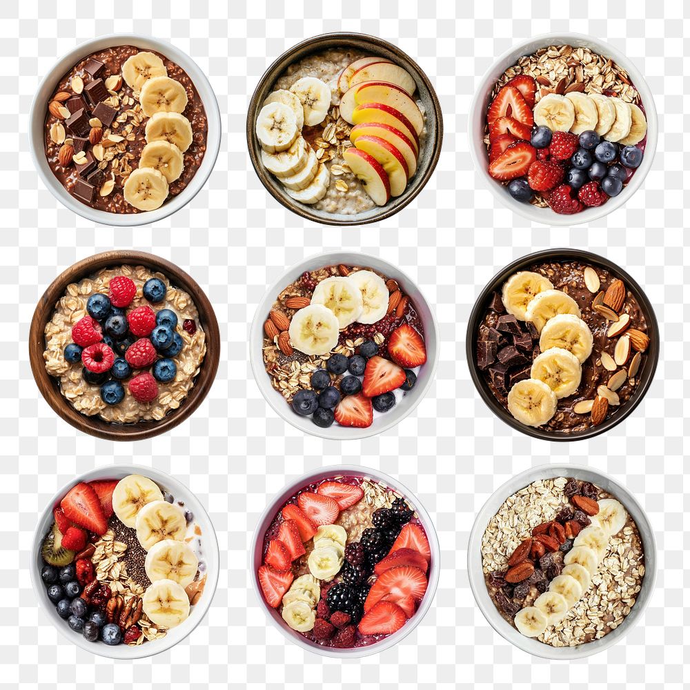 PNG Acai bowl aerial view set, transparent background