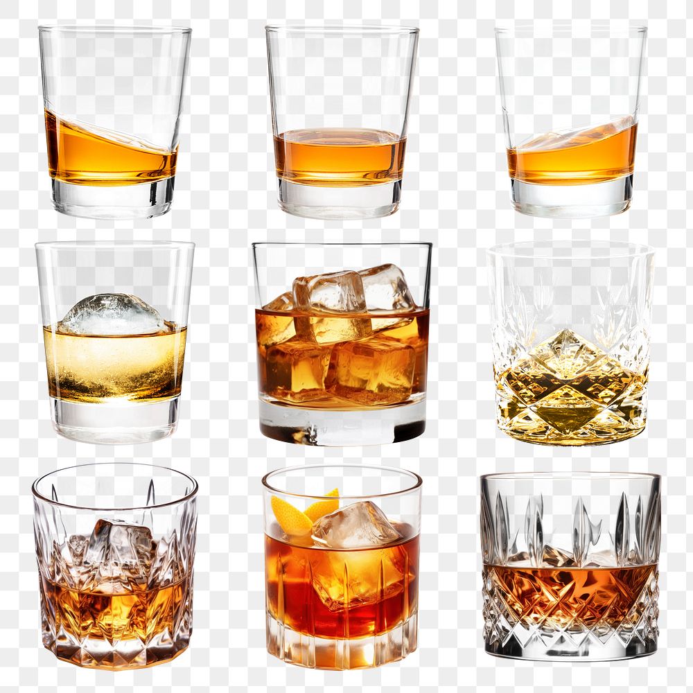 Glass of whiskey png element set, transparent background