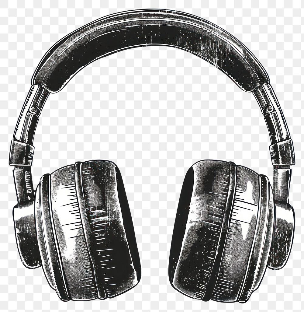 PNG  Vintage black-and-white headphones illustration