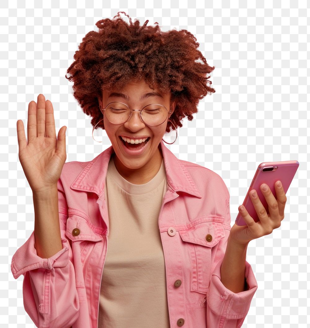 PNG Happy woman waving smartphone pink