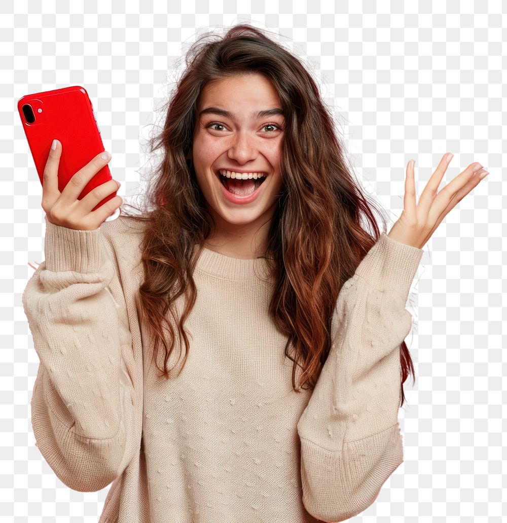 PNG Excited woman holding red phone