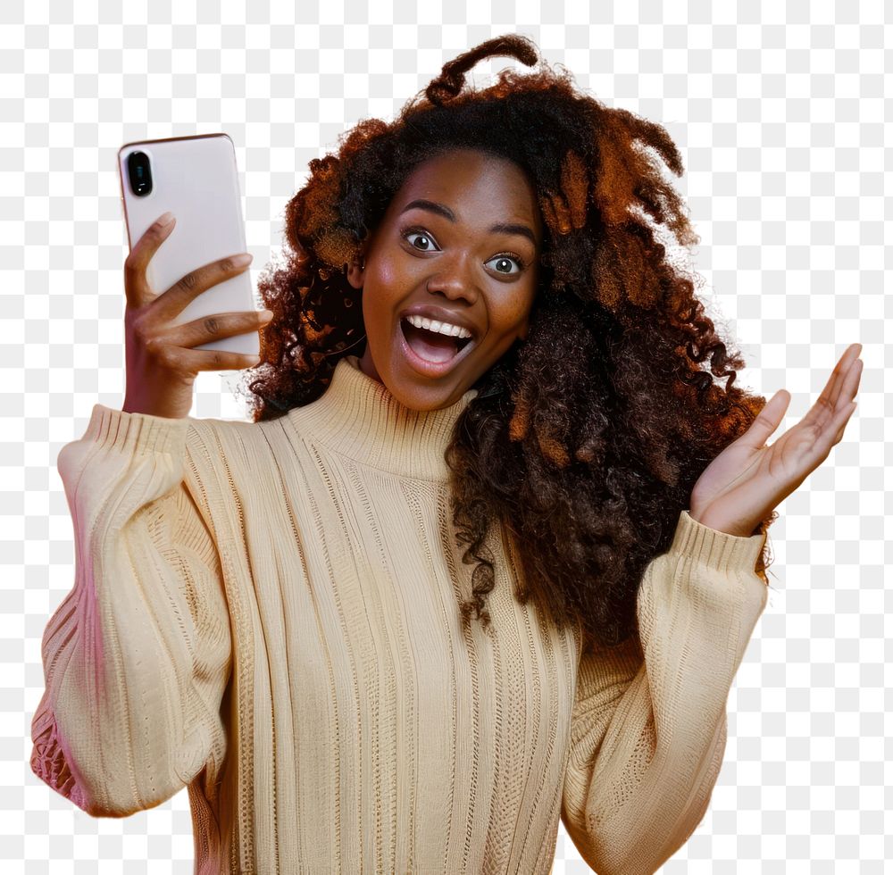 PNG Excited woman holding smartphone