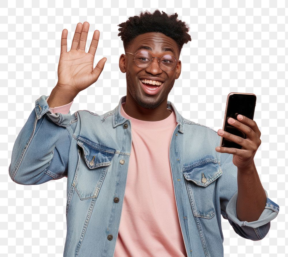 PNG Happy man waving smartphone selfie