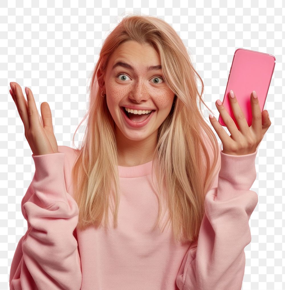 PNG Excited woman holding pink phone