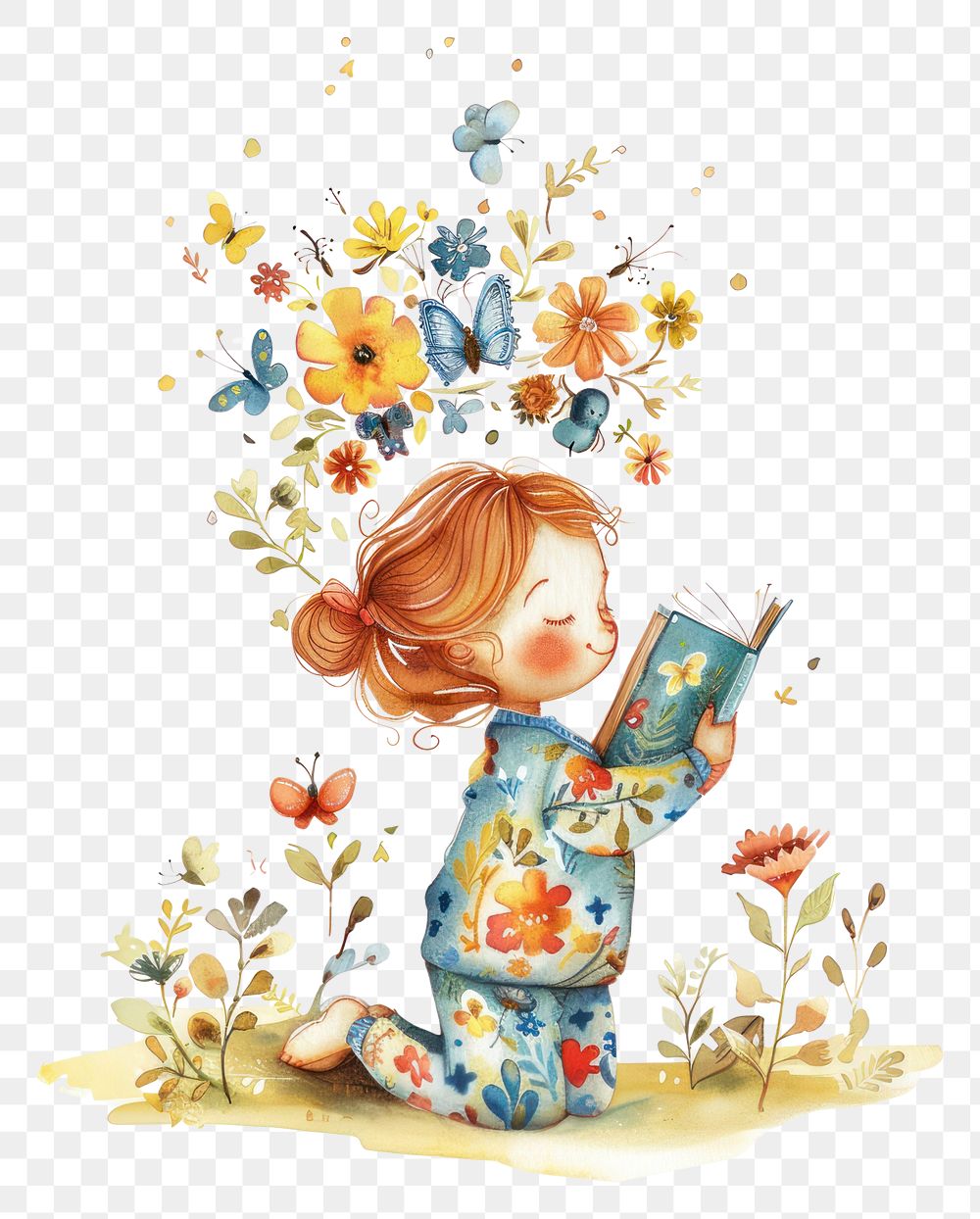 PNG Whimsical child reading flowers