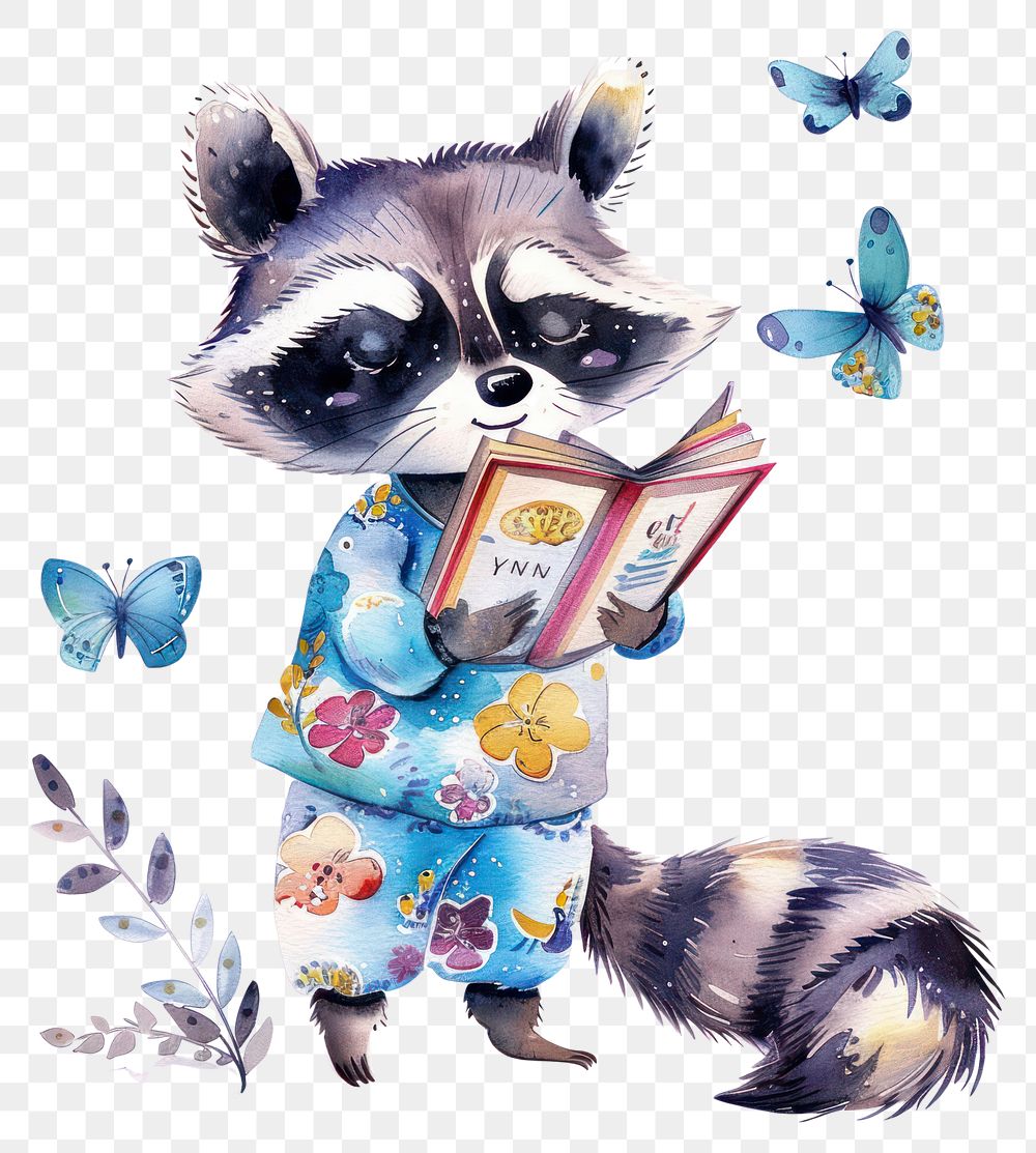 PNG Cute raccoon reading book