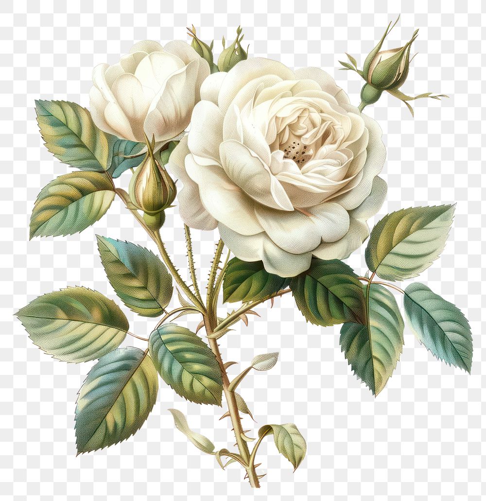 PNG Elegant white rose botanical illustration