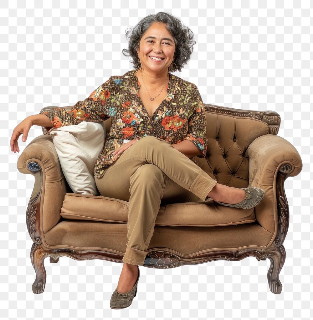 PNG Happy middle age Mexican woman sitting furniture armchair.