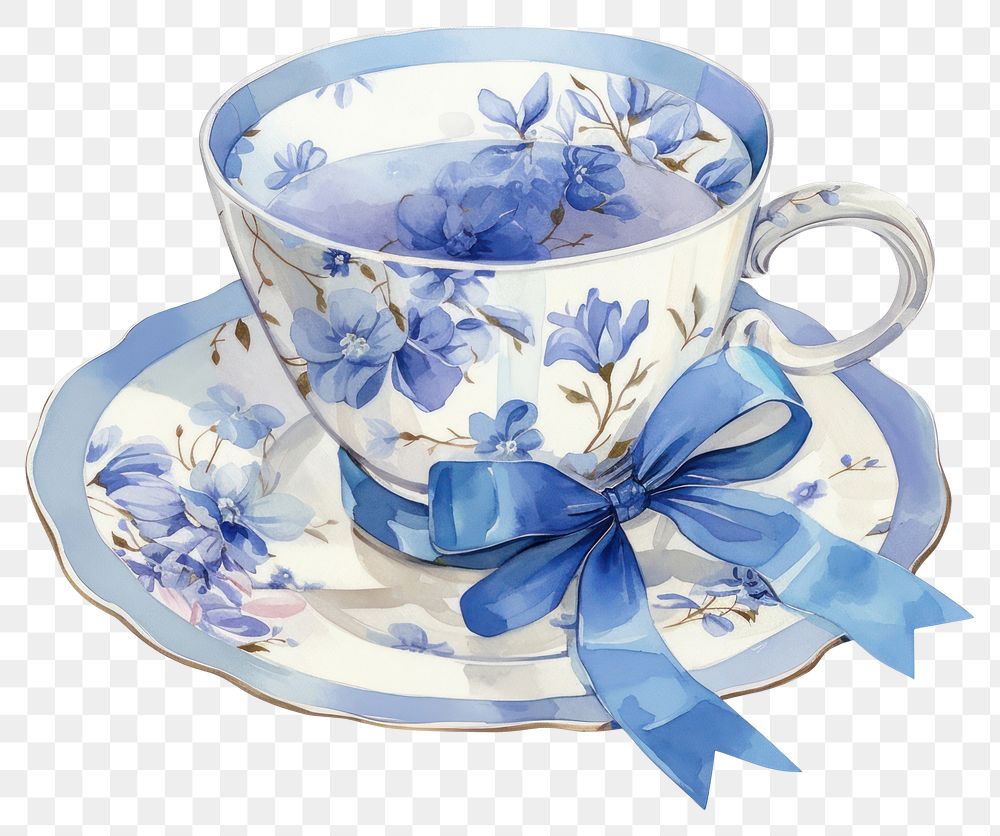 PNG Blue coquette white vintage floral tea cup art porcelain pottery.