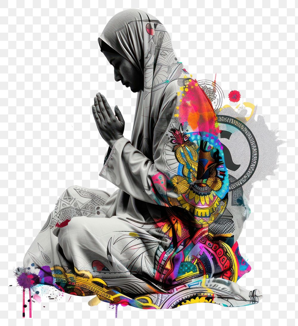 Paper collage of Muslim praying art adult representation.