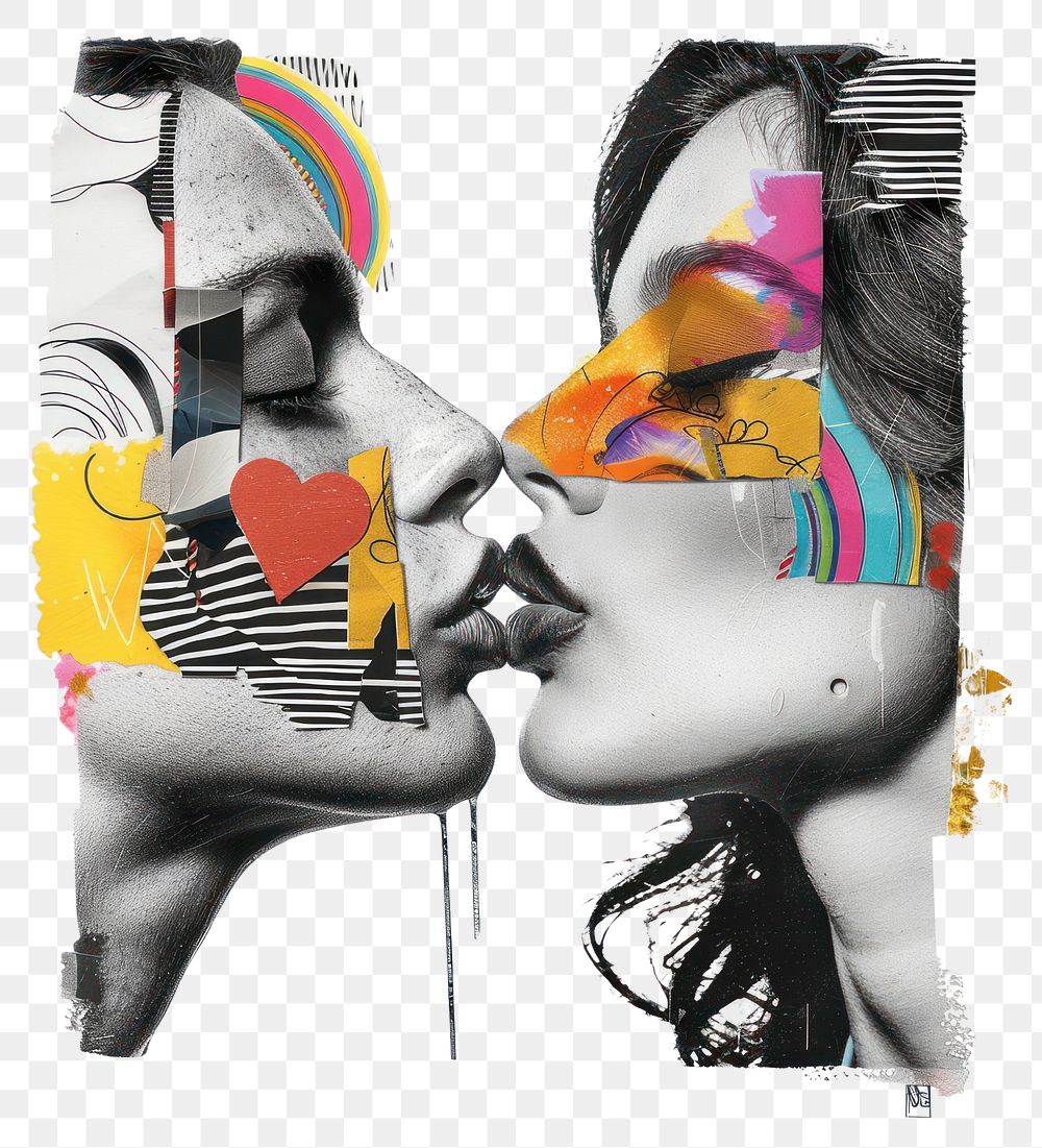 Woman couple blowing kiss collage art portrait.