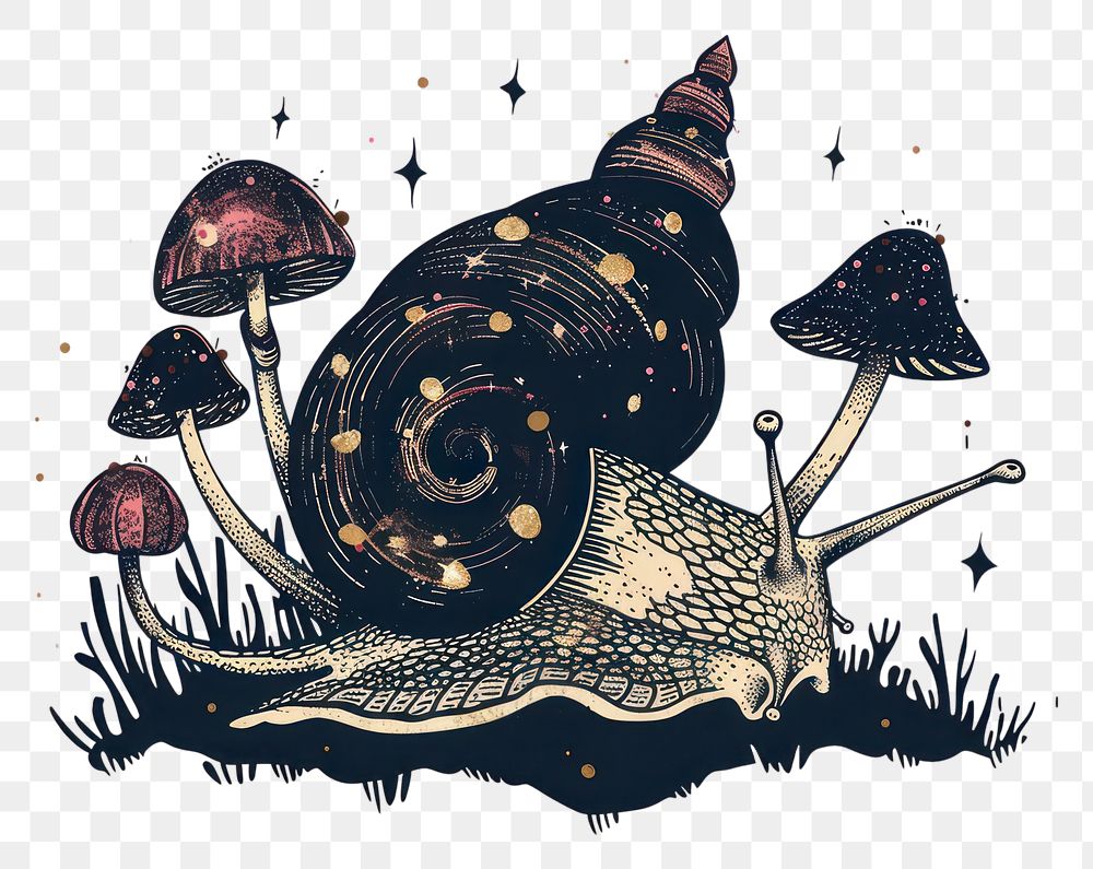 PNG Whimsical snail amidst enchanted mushrooms