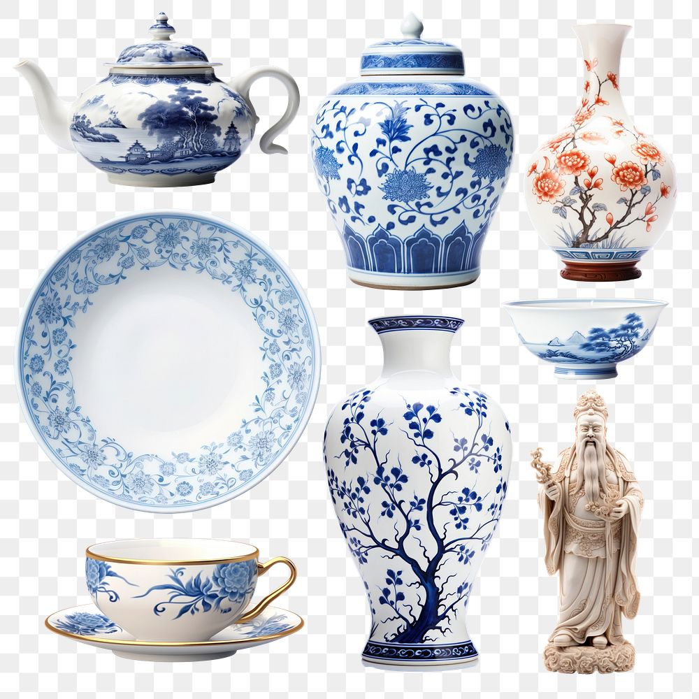 PNG Chinese porcelain ceramic element set, transparent background