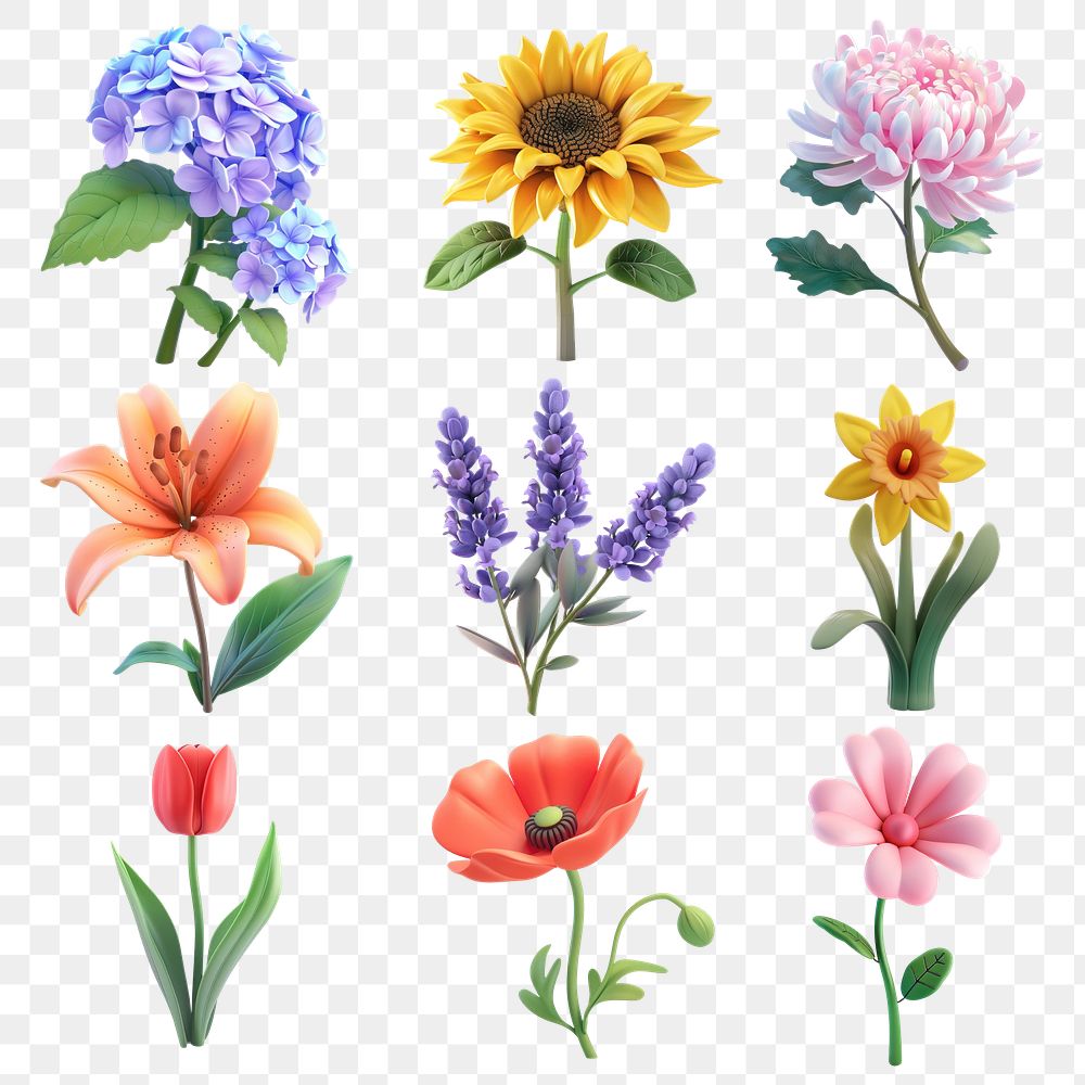 PNG 3d flower element set, transparent background