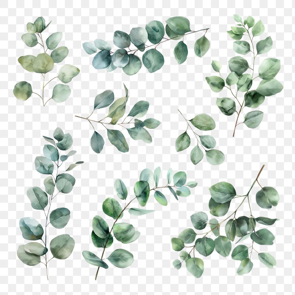 PNG eucalyptus leaves element set, transparent background