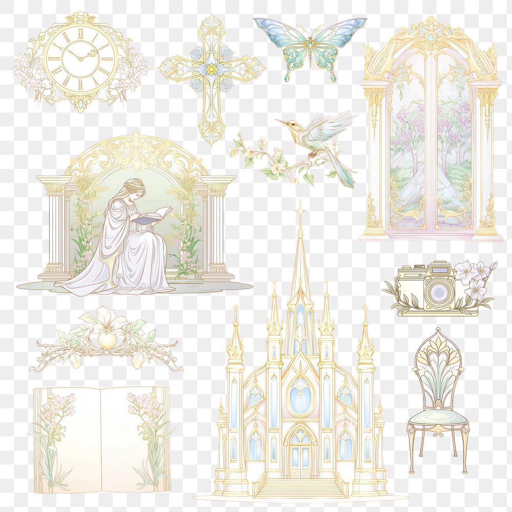 PNG Alphonse Mucha wedding illustration element set, transparent background