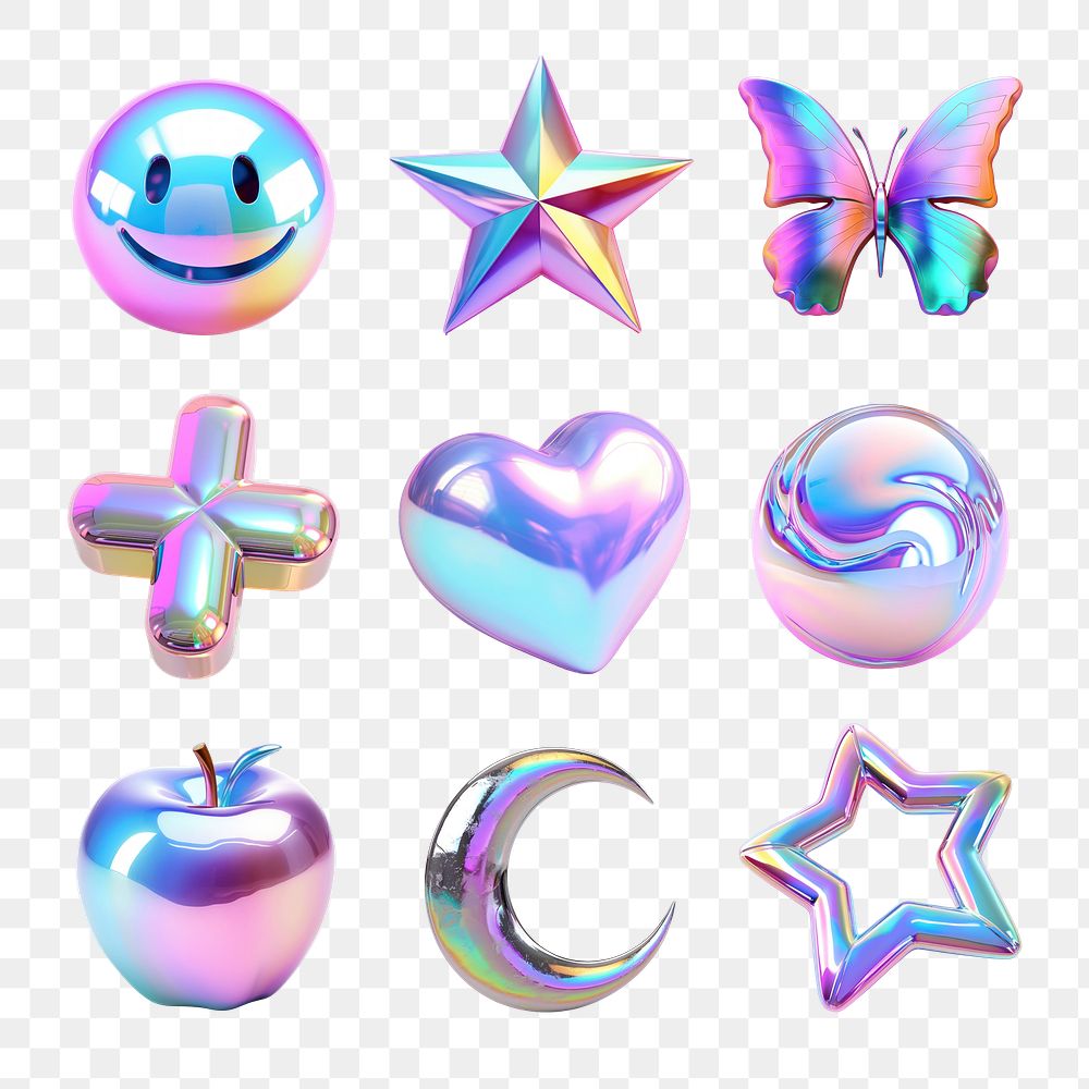 PNG 3d iridescent icon element set, transparent background