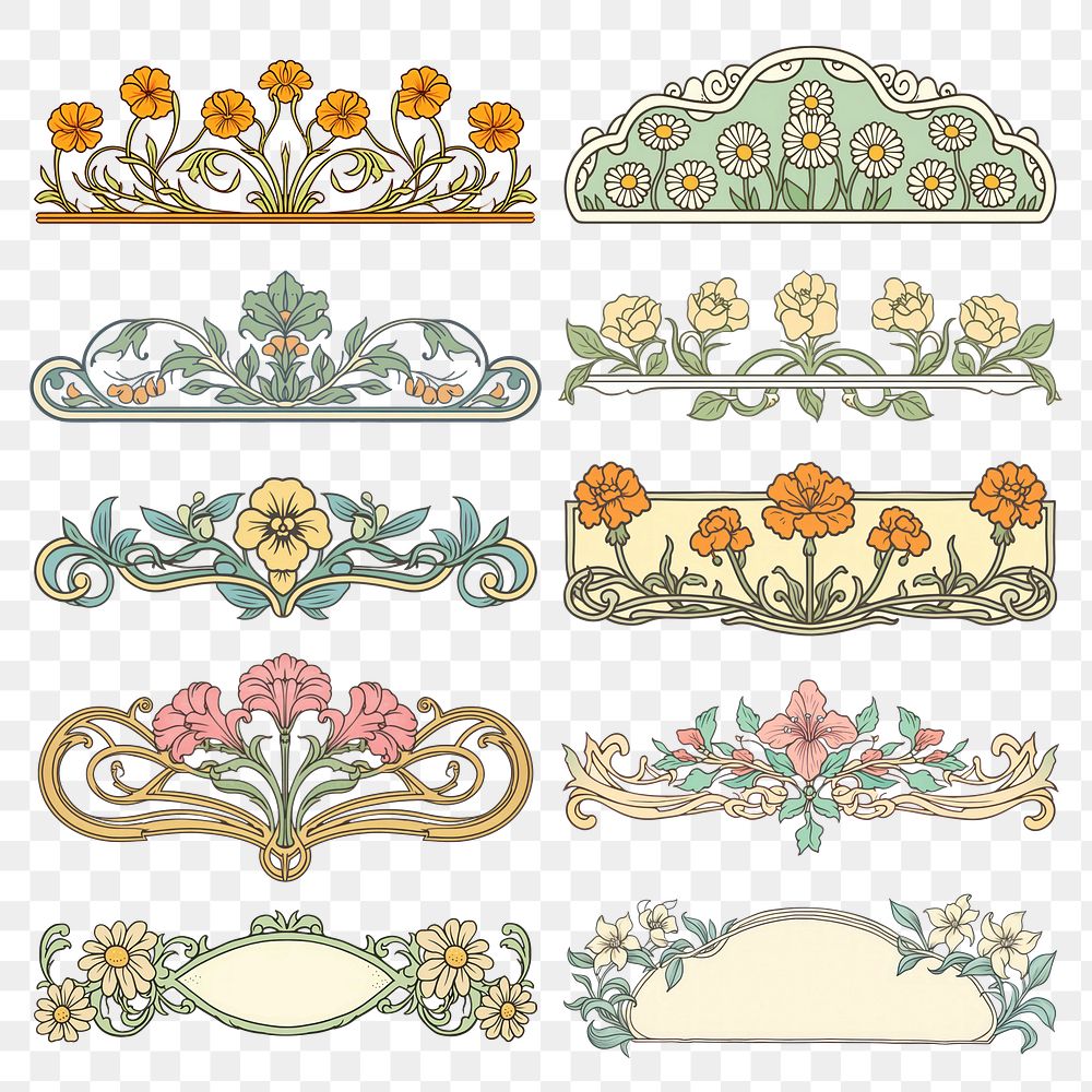 PNG vintage flower ornament divider element set, transparent background