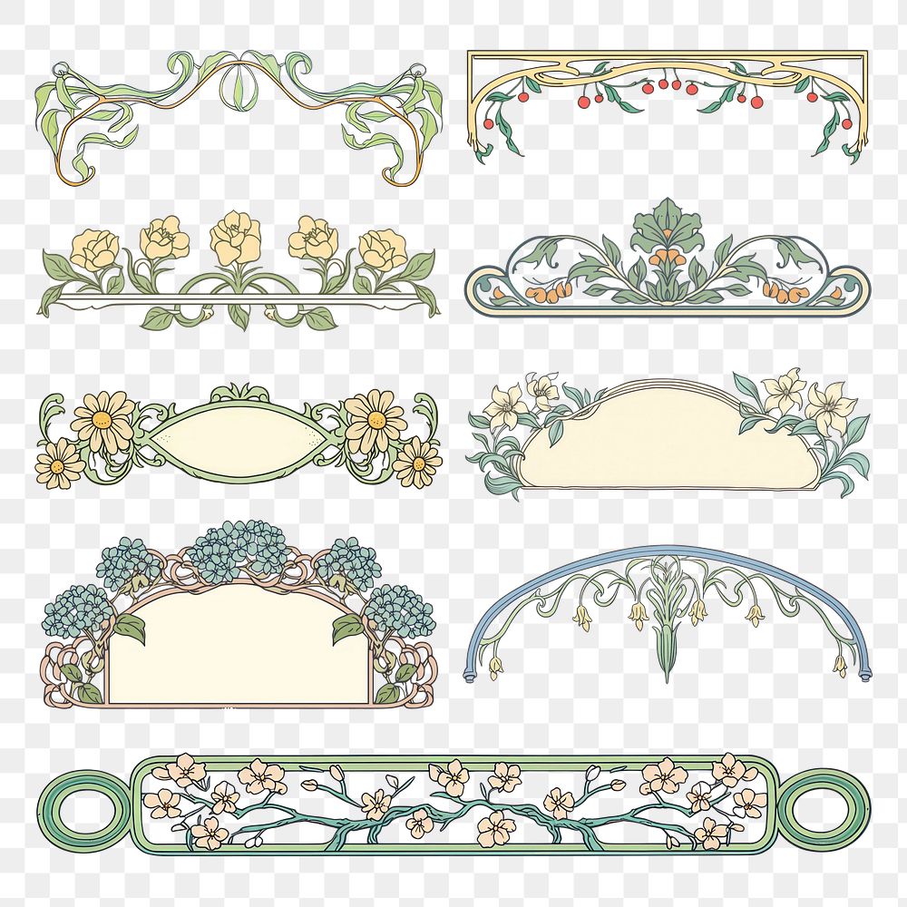 PNG vintage flower ornament divider element set, transparent background