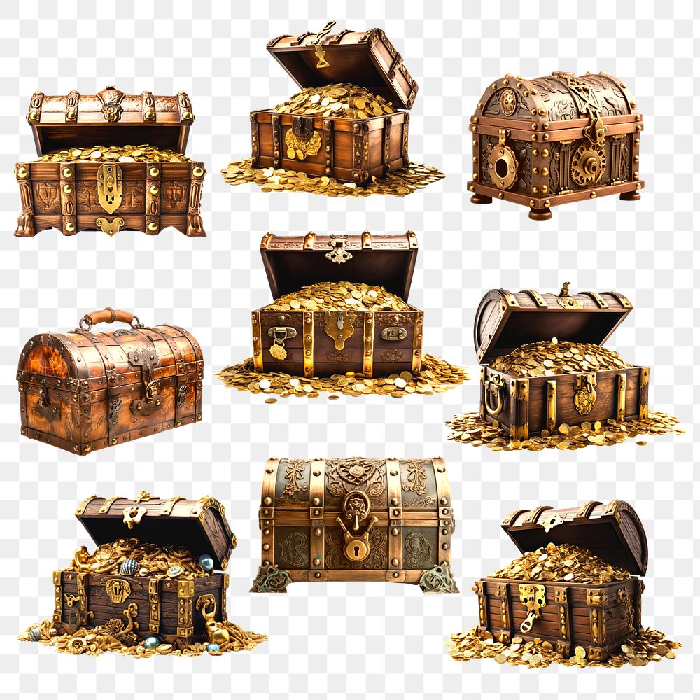 PNG 3D treasure box element set, transparent background