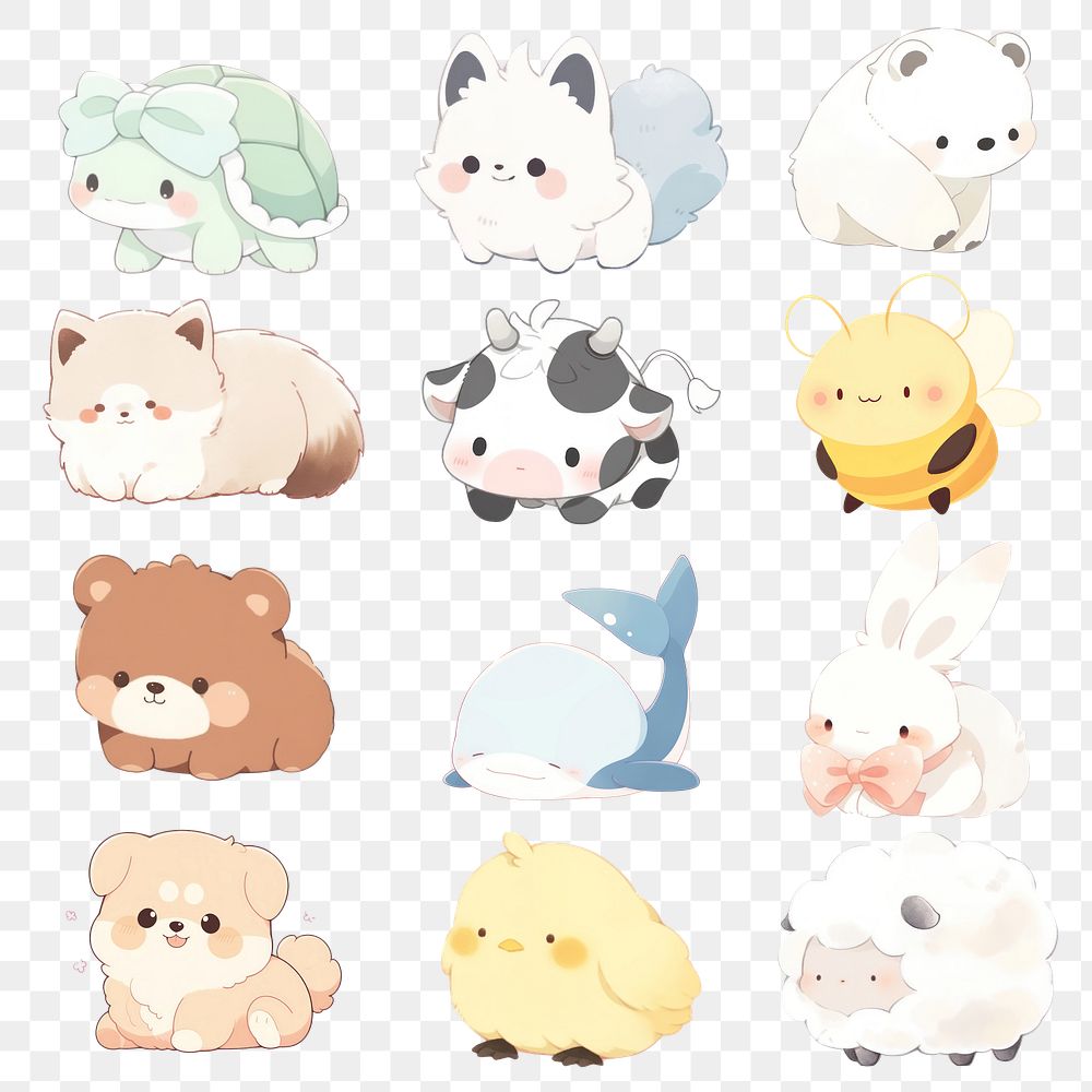 PNG kawaii animal illustration element set, transparent background