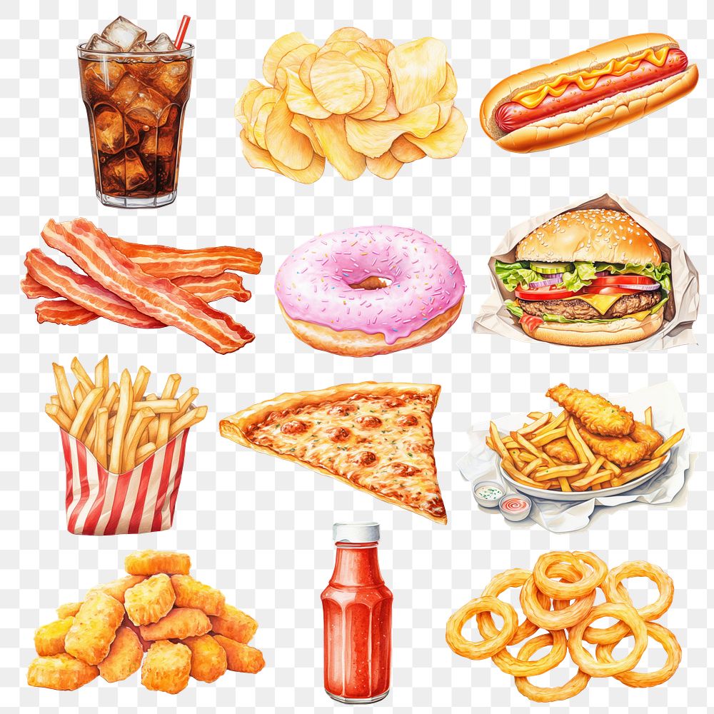 PNG fast food digital paint illustration element set, transparent background