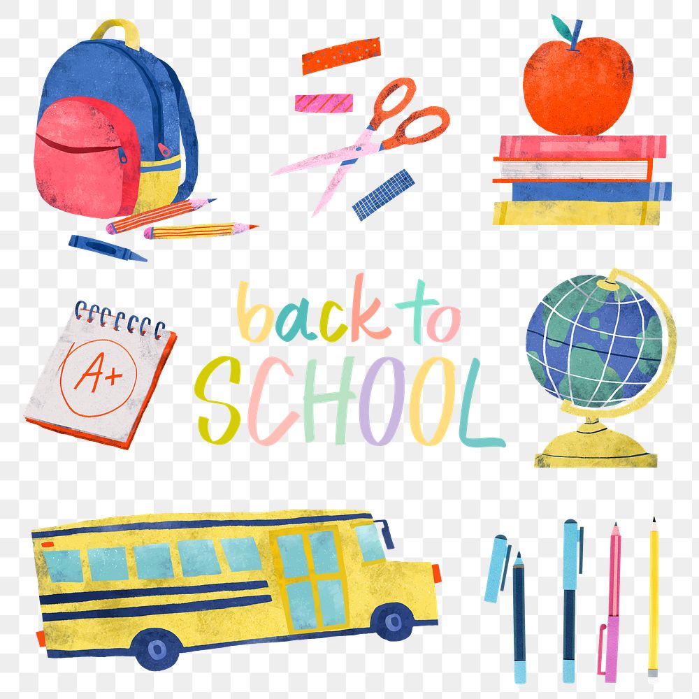 PNG back to school illustration element set, transparent background