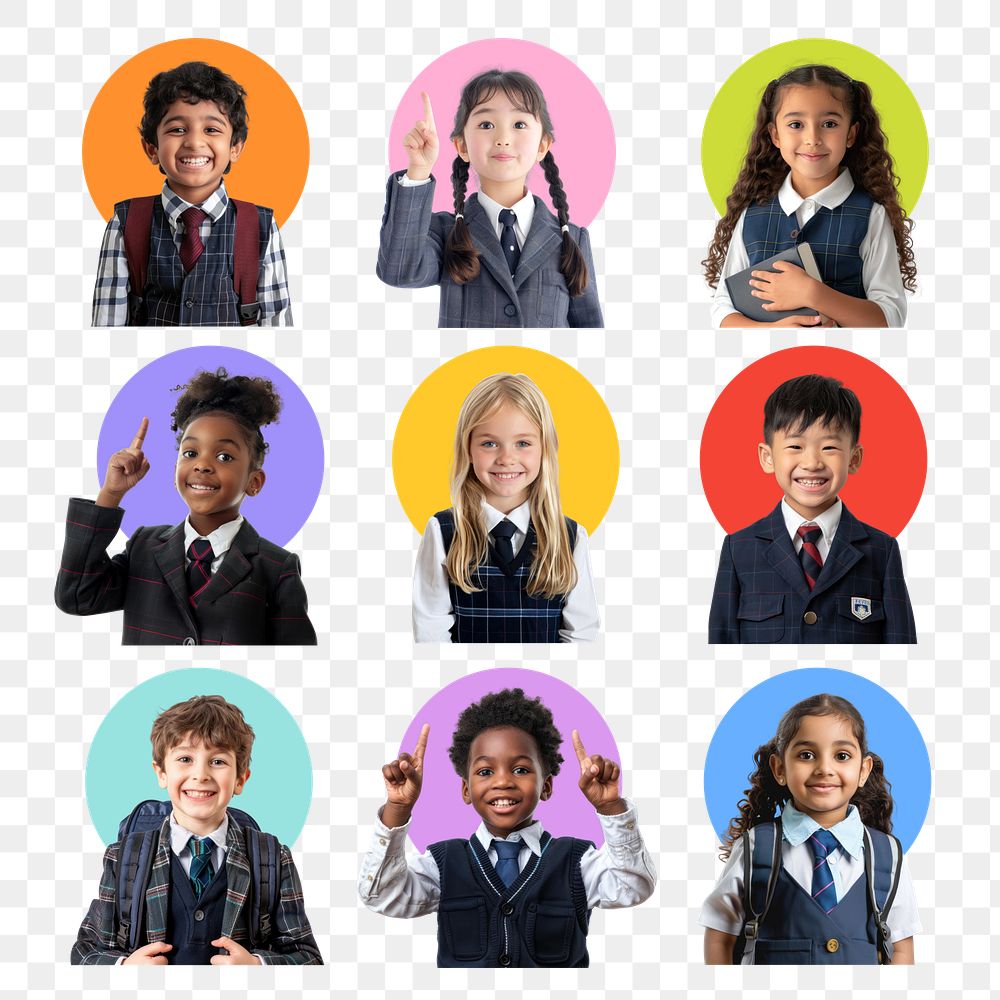 PNG diverse elementary school student element set, transparent background